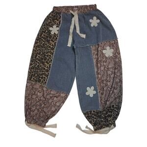 POL Boho Patchwork Harem Pants Womens Blue Paisley Leopard Drawstring
